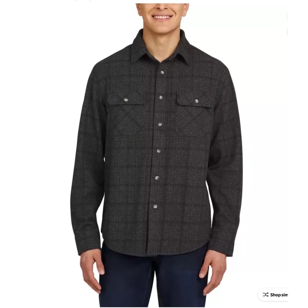 Chaps Knit Flannel Shirt Jacket Shacket Plaid Charcoal‎ Gray L Heritage Dadcore